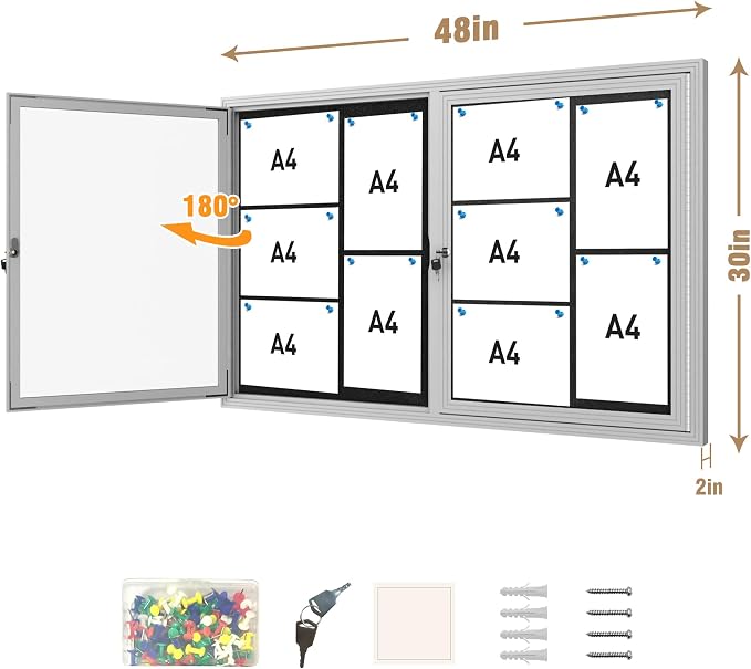 Mifuro 48"x30" Enclosed Bulletin Board, Outdoor Lockable Weather-Resistant Aluminum for School & Office, Silver Frame w/Black Flet