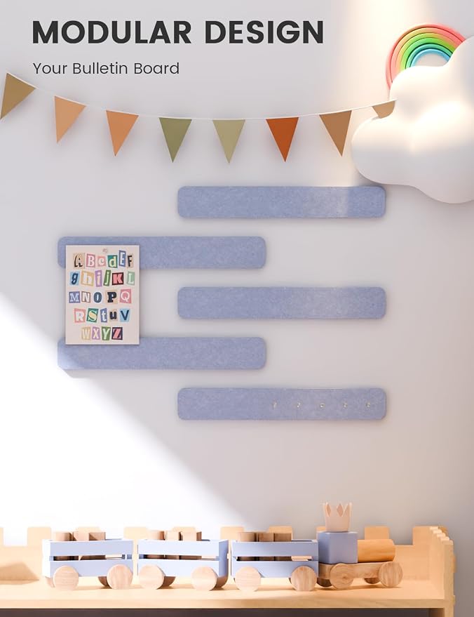 Fluxynara 13" x 2" Felt Wall Panels, Soft Periwinkle | 5-Pack Includes 35 Push Pins and Adhesive Tabs for Photos, Notes and Decor in Bedroom Doors, Home Office or Studios
