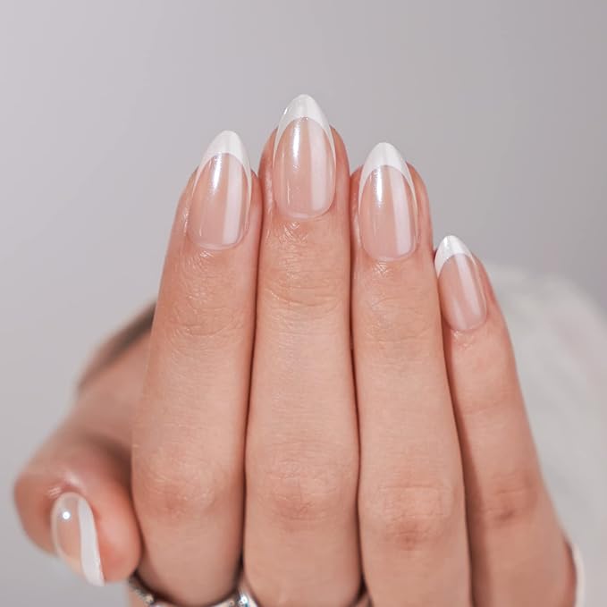 French Tip Press On Nails - BTArtbox White Almond Medium Reusable Stick On Nails in 15 Sizes - 30 Soft Gel Fake Nail Kit for Women Gift, Classic