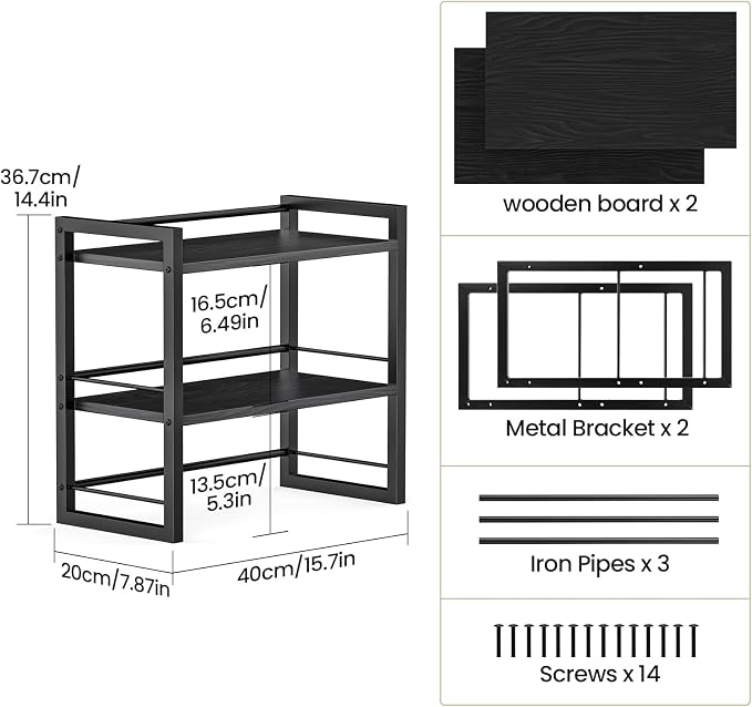 Office Desk Shelf Organizer, Wood Desktop Bookshelf Supplies Storage Rack, Shelf for Top of Desk and Dresser (Pure Black-2 Tier)