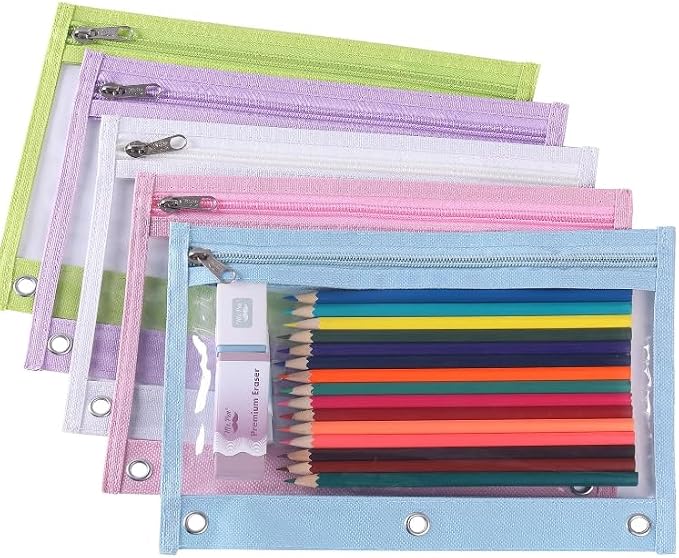Mr. Pen- Pencil Pouch for 3 Ring Binder, 5 Pack, 10"x7", Smooth Zipper | Clear Window, Large Capacity Pencil Case with 3 Reinforced Grommets for School, Office, Supplies Storage | Clear Window, Large Capacity Pencil Case with 3 Reinforced Grommets for ...