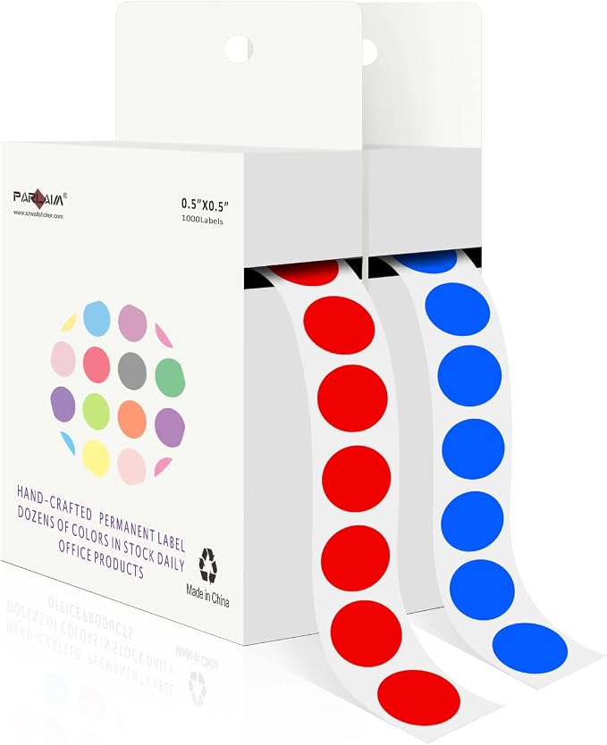 PARLAIM 1/2" Round Color-Code Dot Stickers,Adhesive 2000 Stickers Rolls dots Label Dispenser Box Blue Circle Stickers Labels(Red +Blue)