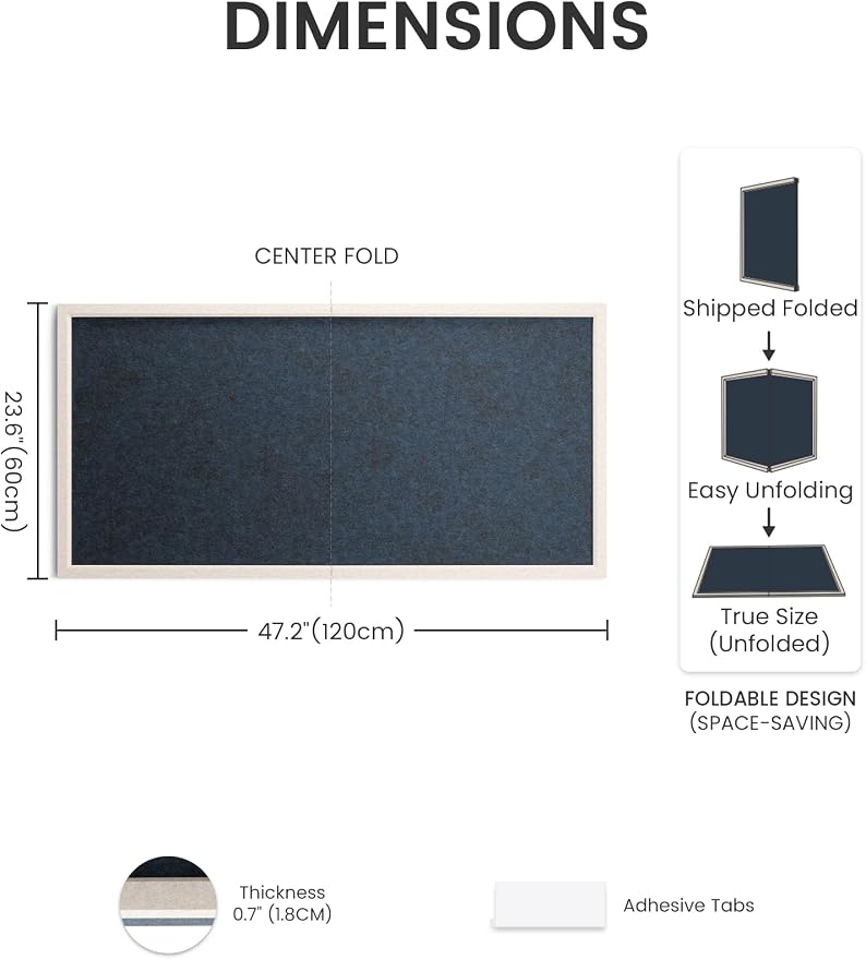 Fluxynara 47.2" x 23.6" Felt Frame Bulletin Board, Carbon Blue | Cork Board Alternative with 36 Removable Adhesive Tabs, Foldable Pin Board for Wall, Home, Office, Classroom & Dorm