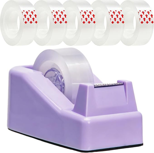 Tape Dispenser Desk,Desktop Tape Dispenser, Tape Dispenser with Weighted Non-Skid Base, Includes 6 Rolls Transparent Tape (0.71" x 1000"),Heavy Duty Tape Holder for Office, Home, School(Purple)