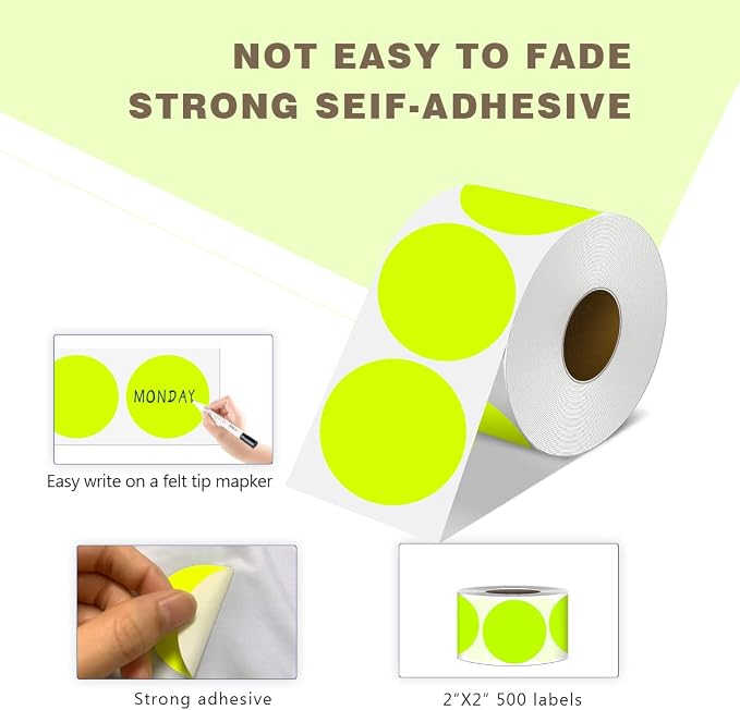 PARLAIM 2”Color Coding Labels Stickers,500PCS Round Adhesive Circle Dot Stickers for Inventory Fluorescent Yellow