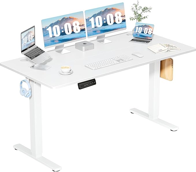 DUMOS 63 Inch Electric Standing Desk, Memory Adjustable Home Office Desk | Sit Stand Up Desk for Work Home Office,Adjustable Desk, Rising Computer Table with Splice Board,Cable Management,Hook,White