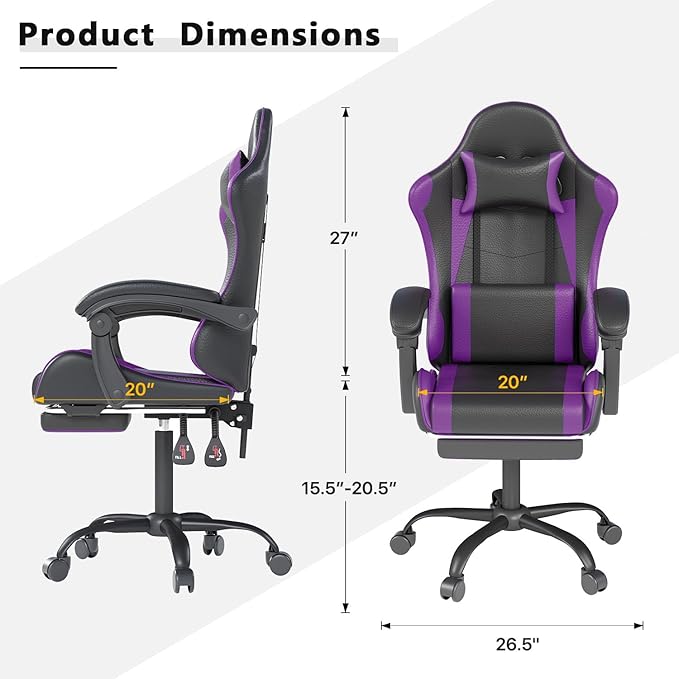 Gaming Chair with Headrest and Lumbar Support, Ergonomic High Back Office Chair, Racing Style Executive Computer Desk Chair, Leather Adjustable Swivel Task Chair for Home Office (Purple)