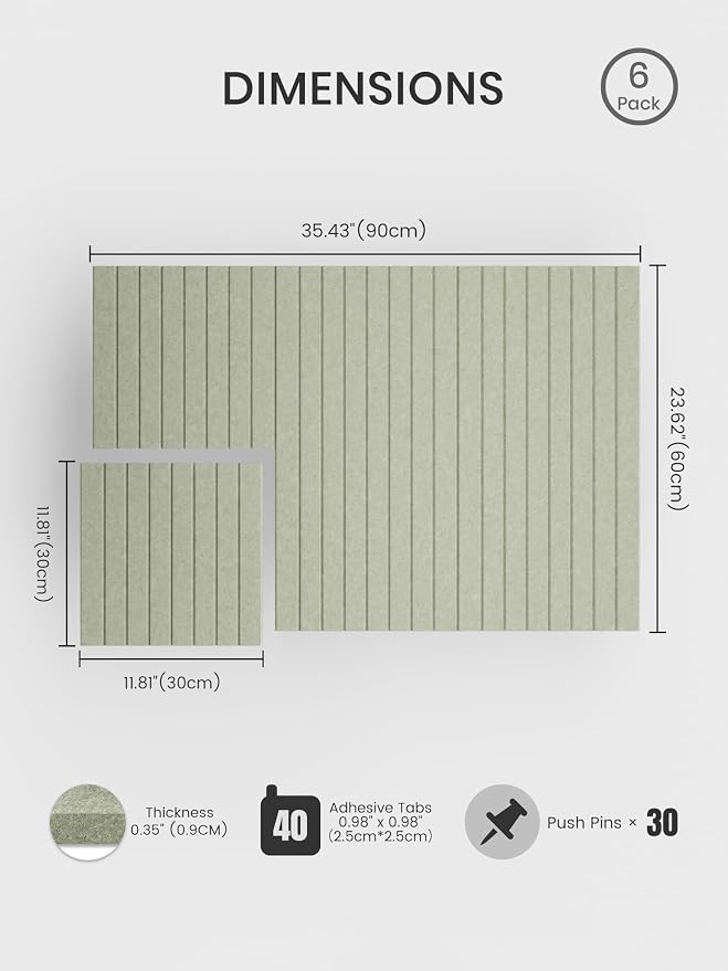 Bumusty 36"x 24" Large Felt Bulletin Board Tiles,Sage | 6-Pack Cork Board Alternative, Wall Decor, 30 Pushpins, 30 Adhesive Tabs, Vision Board, Office, Classroom, Home, Dorm