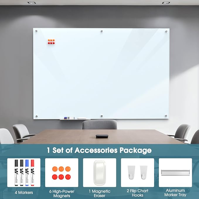 MaxGear 72" x 48" Glass Whiteboard Wall Mounted for Office Home Classroom | Magnetic Glass Dry Erase Board, Tempered Glass, Steel Backed, Non-Porous Surface, Frameless Design, Hardware Included