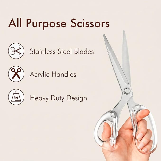 9” Stainless Steel Acrylic Scissors, Silver | Aesthetic and sharp all purpose scissors, Perfect for sewing, arts, and crafts, Stationery tools for office, and school