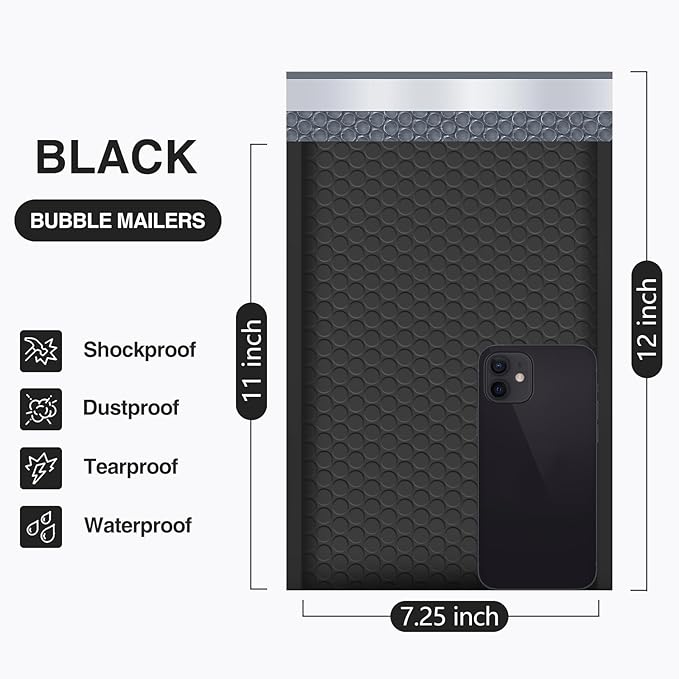 UCGOU Bubble Mailers 7.25x12 Inch Black 25 Pack Usable Size 7.25x11 Padded Envelopes Small Business Opaque Packaging Self Seal Waterproof Boutique Bulk Shipping Bags for Jewelry Makeup Supplies #1