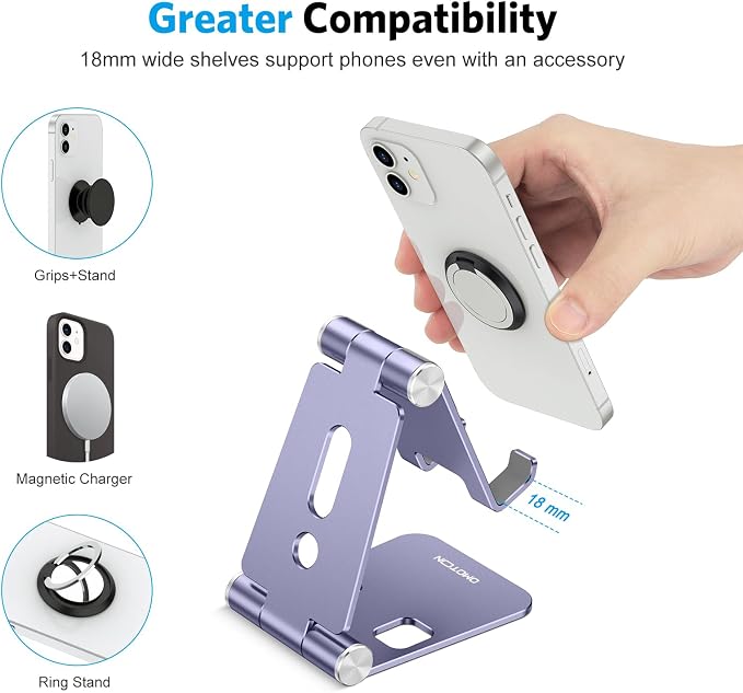 OMOTON Foldable Cell Phone Stand, C4 Portable Aluminum Phone Holder | Adjustable Phone Dock Cradle Compatible with iPhone 17/16/15 Pro Max Air, Samsung Galaxy, Small Tablets, Smart Phones, Purple
