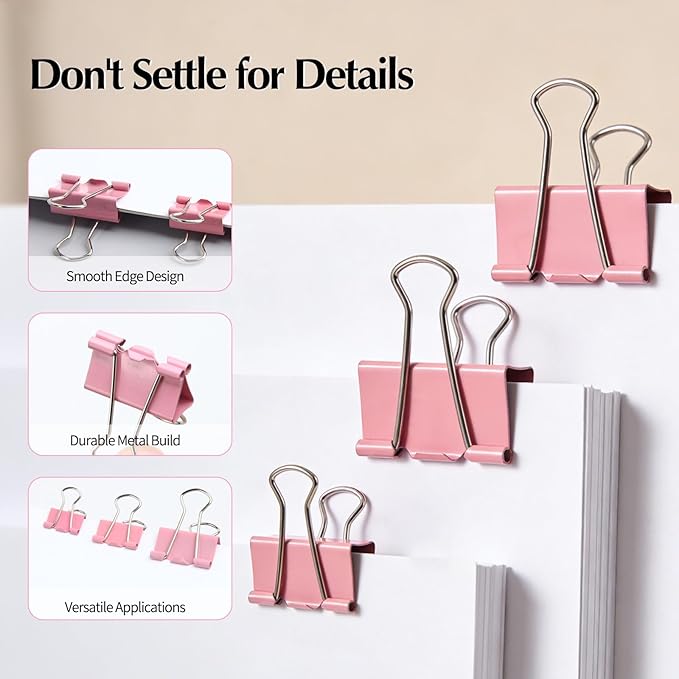 Binder Clips Assorted Sizes, Morandi Colors, Durable Metal Binder Clips for Office, Cute Desk Supplies for Teachers Student (Pink - 1 Box)