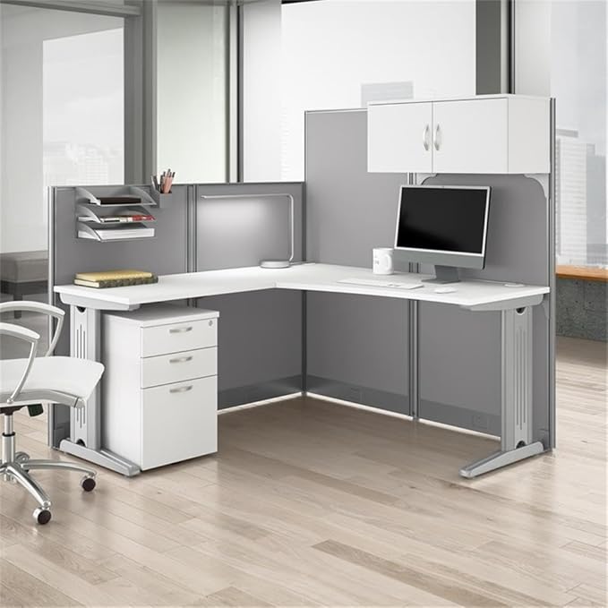 Bush Business Furniture Office in an Hour 65W L Shaped Cubicle Desk with Storage, Drawers, and Organizers in Pure White