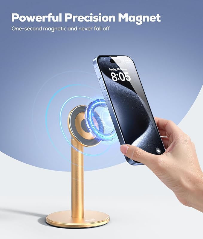 Nulaxy Magnetic Full Aluminum Cell Phone Stand with 360 Rotating, Gold | Stable Base, Includes Metal Ring, Works with Thick Cases, Hands-Free, Office Accessories, Compatible with All Phones