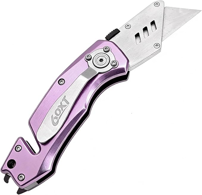 Utility Knife Folding Safety Lock Quick Change with 10 Extra SK5 Replacement Blade Lightweight Aluminum Handle & Pocket Clip Multi-Use Box Cutter Office Home Art Diy Great Gift Choice (UPG.V.Purple)