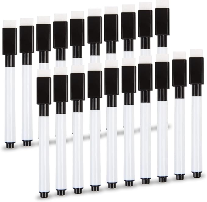 SULOLI 20Pcs Black Magnetic Dry Erase Markers, Small Dry erase Markers Fine Point Tip WhiteBoard Markers for Kids Teachers Office School Supplies