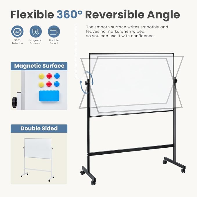 OLIXIS Magnetic Whiteboard with Wheels 46" x 32", Dry Erase Board with Adjustable Rolling Stand, Heavy-Duty Aluminum Frame & Accessory Tray for Office, Classroom, Home & Presentations, Black