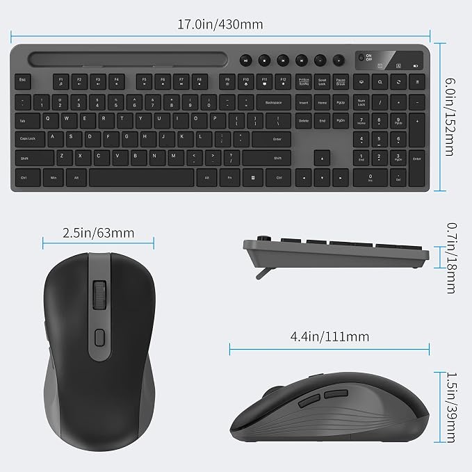 Wireless Keyboard and Mouse Combo, MARVO 2.4G Ergonomic Wireless Computer Keyboard with Phone Tablet Holder, Silent Mouse with 6 Button, Compatible with MacBook, Windows (Grey)