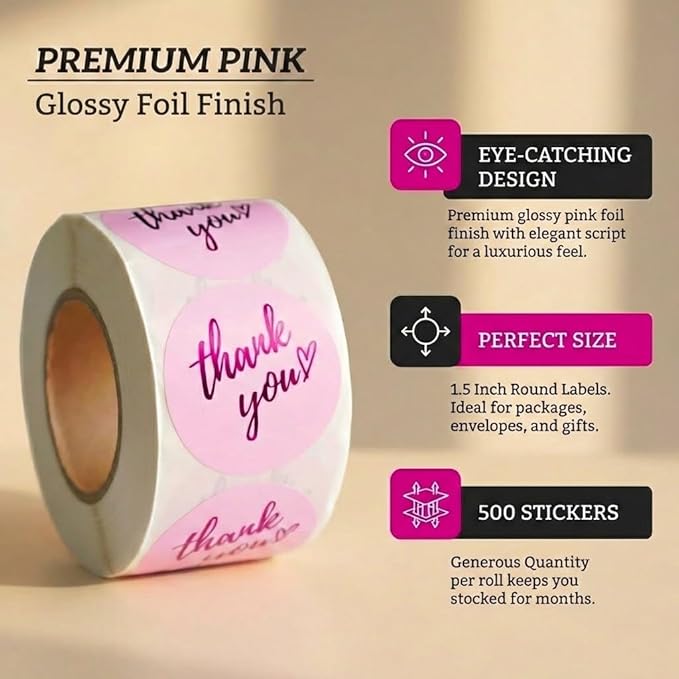 500 Pcs Thank You Stickers – 1.5” Pink Round Labels with Purple Hot Stamping Foil Script & Heart Design, Elegant Small Business Packaging Stickers for Bags, Boxes, Envelopes & Party Favors