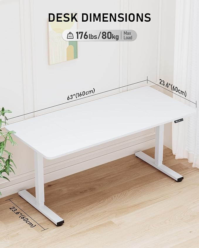 Standing Desk, Large Height Adjustable Electric Stand up Desk, 63 x 24 Inches Sit Stand Home Office Desk, with Splice Board, White Frame/White Top