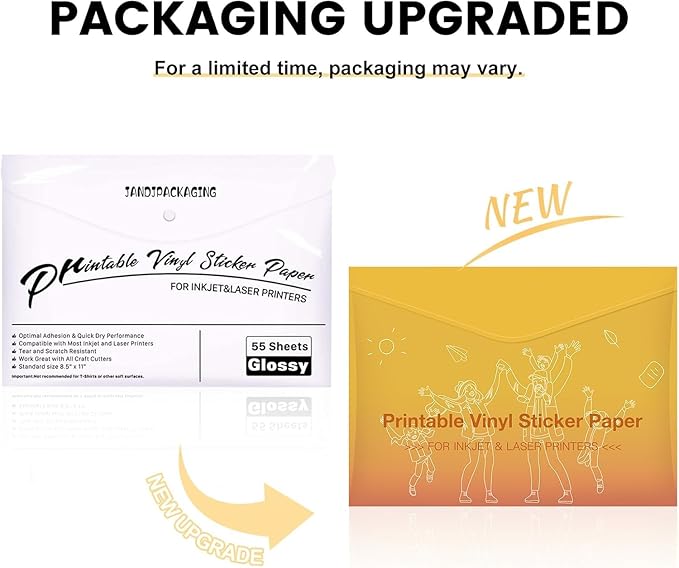 JANDJPACKAGING Premium Printable Vinyl Sticker Paper - for Inkjet and Laser Printer - 55 Pack Glossy White Waterproof Inkjet Printable Vinyl - Dries Quickly and Holds Ink Beautifully