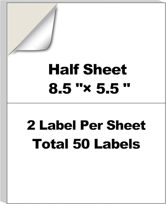 25 Half-Sheet Label Paper (8.5" x 5.5") – 2 per Sheet, 50 Total Labels – Matte Self-Adhesive Shipping Labels Compatible with Laser & Inkjet Printers, for Mailing, Organizing & Classroom Use