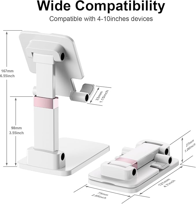 Phone Stand for Desk, Cell Phone Holder Adjustable Office Cellphone Stand for Desk Adjustable Tablet Stands Compact Design for iPhone iPad Android Devices Under 12", White,2Pack