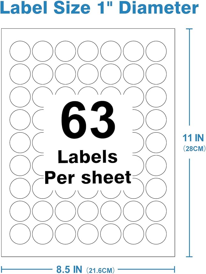 1" Circle Sticker Labels, Round Printable Sticker Labels to Write On, Sticker Paper for Inkjet Printer, (63 Labels/Sheet), 10 Sheets