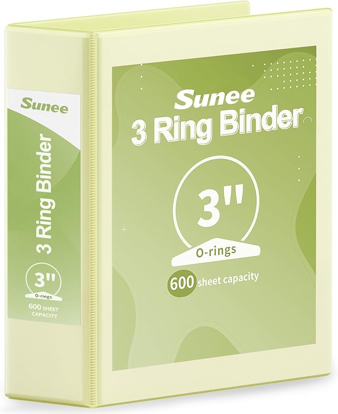 SUNEE 3 Ring Binder 3 Inch 1 Pack, Clear View Binder Three Ring PVC-Free (Fit 8.5x11 Inches) for School or Office Supplies, Light Yellow