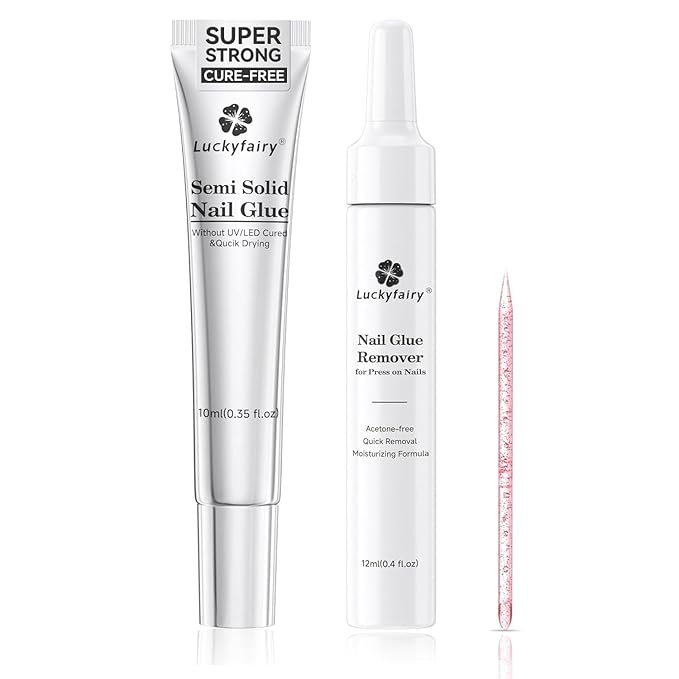 Super Strong Nail Glue for Press On Nails: 10g Semi Nail Glue with 12ml Glue Remover Kit, Quick Dry, No UV Lamp Needed with Gentle Non-Acetone Remover, Long Lasting for Acrylic Fake Nails Tips