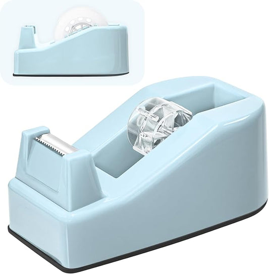 Desktop Office Tape Dispenser, Fits Standard 1-Inch Core Tapes, Weighted Base, Sharp Metal Blade, Smooth Cutting, Adhesive Roll Holder for Office, School, Shop, Home & Business - Blue