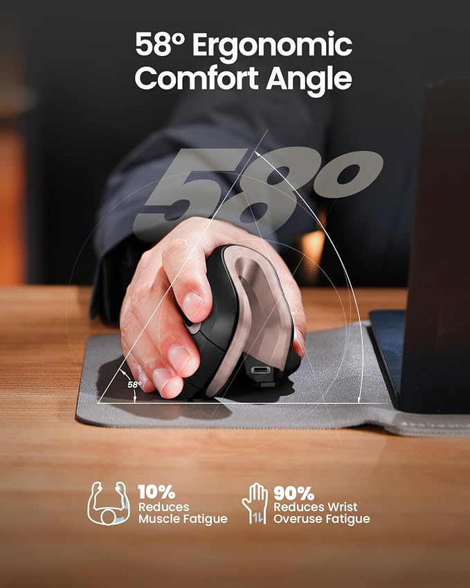 ProtoArc EM11 NL Wireless Ergonomic Mouse, Rechargeable, Black Pink | 58° vertical design supports a natural wrist posture, connect 3 devices via Bluetooth/2.4G USB-A, 500mAh USB-C rechargeable.