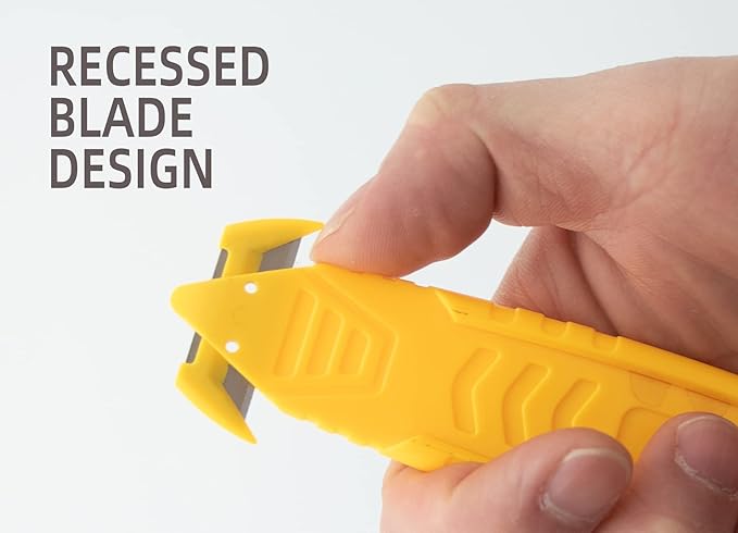 Safety Box Cutter, T TOVIA SK2 Stainless Steel Concealed Blade Package Opener with Tape Splitter for Cartons, Cardboard, Wrap, Straps, Film (5 Pieces - Yellow)