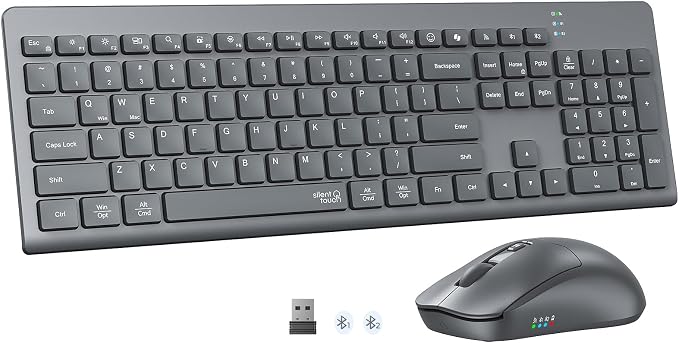 Wireless Keyboard and Mouse, 2.4GHz/Bluetooth Quiet Full Size Set, Gray | Dual-mode Bluetooth and 2.4GHz connection with a 3200 DPI adjustable mouse and extended battery life for daily use