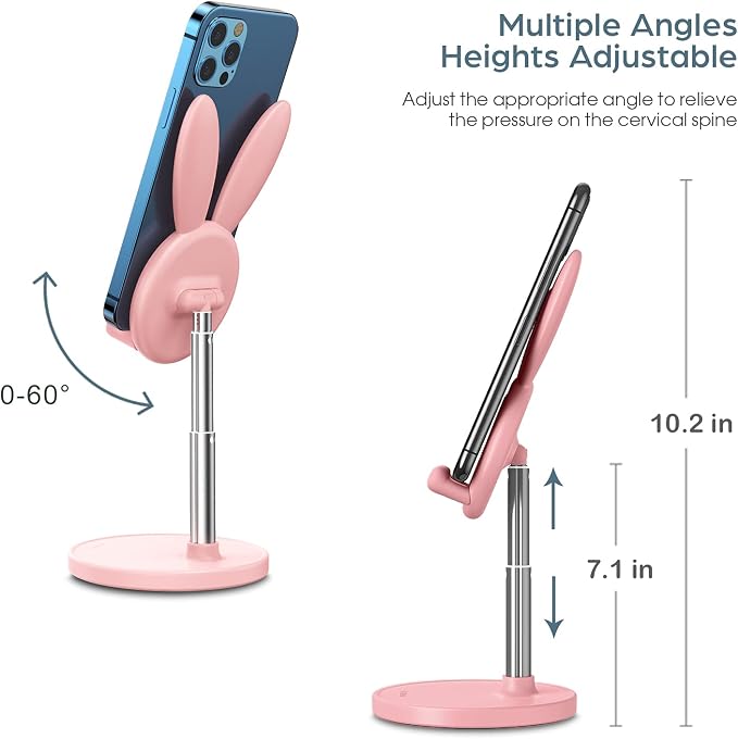 OATSBASF Cute Bunny Phone Stand Adjustable Pink Phone Holder for Phones | Weighted Base Kawaii Desk Accessories, Aesthetic Room Decor Gift for Women/Girls/Kids, Compatible with All Phones