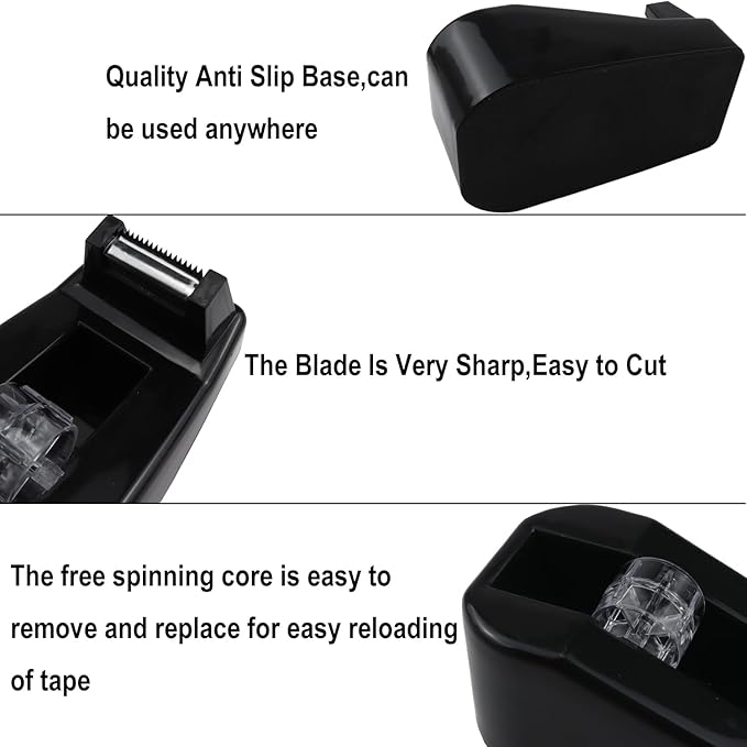 Desktop Tape Dispenser,1 Pack Black Tape Dispensers with 12Rolls Transparent Tape, for Packaging in Office,Restaurant, Flower Shop,Cake Shop (Black)