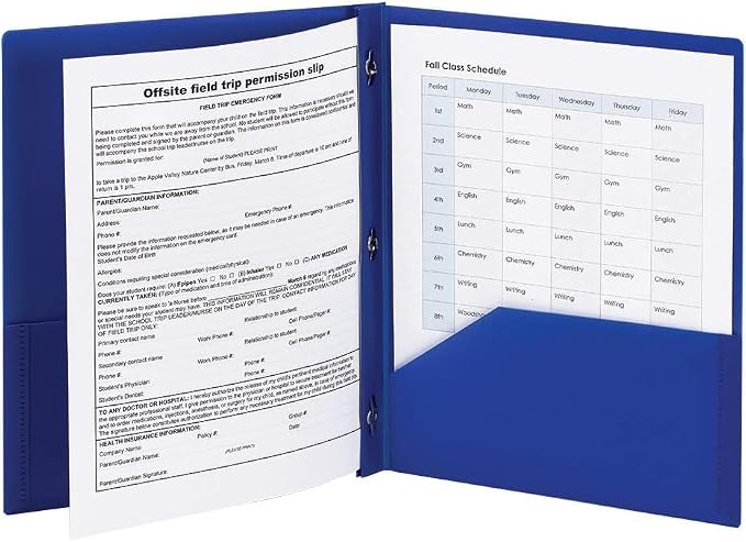 Smead Poly Two-Pocket Folder, Three-Hole Punch Prong Fasteners, Letter Size, Blue, 6 per Pack