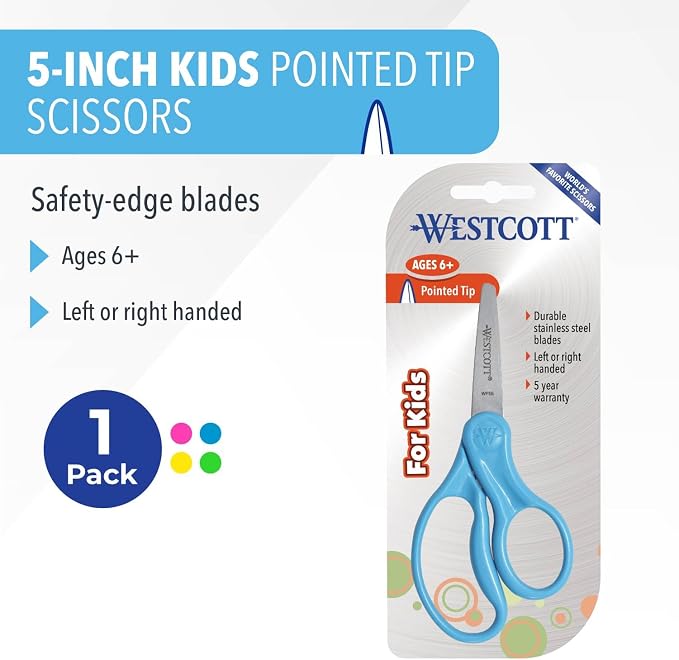 Westcott Right & Left-Handed Scissors For Kids - Back to School Essentials, Classroom Must Haves, Art Supplies - 5-Inch Pointed Safety Scissors - Assorted Colors - 1 Pack (13131)