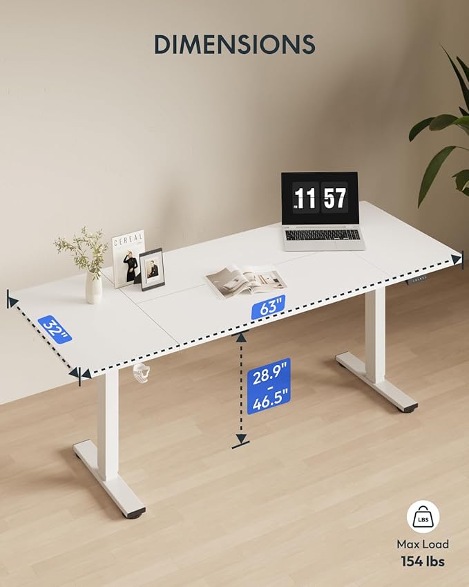 FLEXISPOT 63x32 Inch Electric Large Standing Desk for Home & Office, Spacious Splice Board Desk with Cable Management & Organizer, Cup Holder & Hook, White