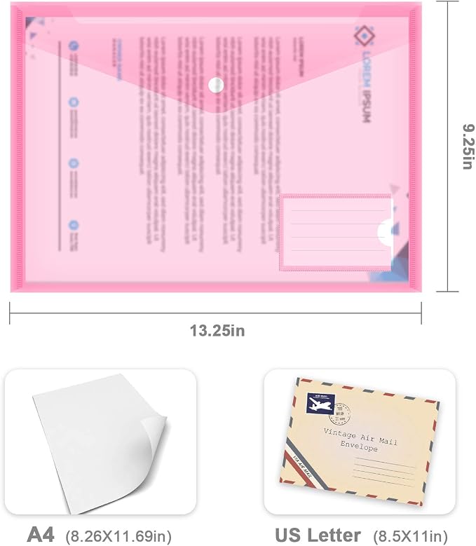 10 Pack Plastic Envelopes for Documents, Clear Folders with Label Pockets, 5 Colors 2 Each, Clear Poly File Folders Letter Size/A4, Hook and Loop Closure,Document Envelopes for School Office Home