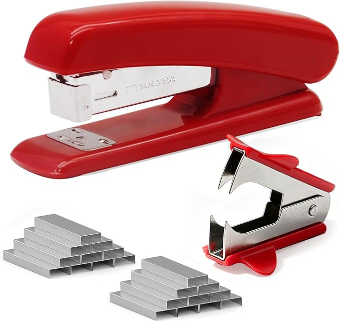 Red Stapler with 2000 Staples and Staple Remover, Red Office Supplies | 25 Sheet Capacity Desktop Stapler for Students and Office Clerks, Cute Stapler for Classroom