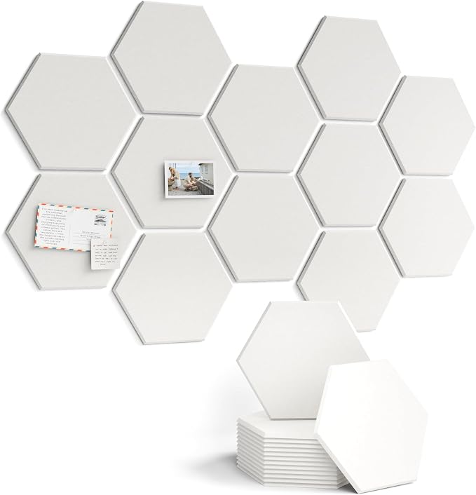 Fluxynara 12-Pack Hexagon Felt Bulletin Board Tiles, Milky White | Cork Board Alternative with 60 Adhesive Tabs for Notes, Photos and Reminders in Home Offices, Dorm and Classrooms