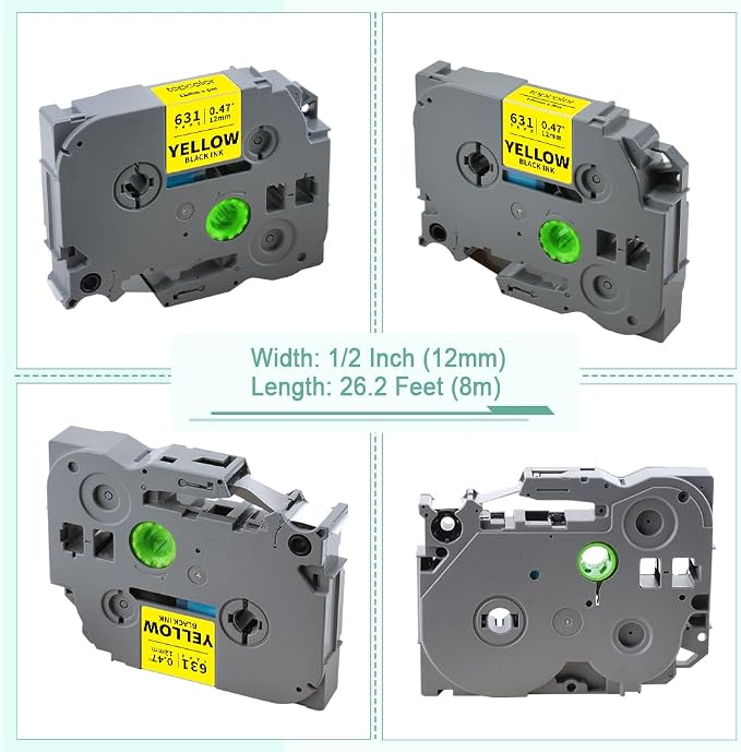 6-Pack Compatible for Brother Tze-631 12mm 1/2" Black on Yellow Label Tape | Tze631 TZ-631 P Touch Tape Tz Tze 12mm 0.47" Laminated Yellow Label for PTD210 PTD220 PTD200 PTD400 PT1290 PT2040 Label Maker