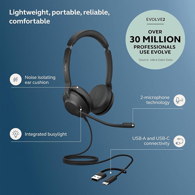 Jabra Evolve2 30 SE (2025 Version) Wired Dual-Ear USB Headset, Black | Dual-Ear Headset with Microphone, USB-A and USB-C Cable, Ideal Computer Headset, Works with Online Meeting Platforms