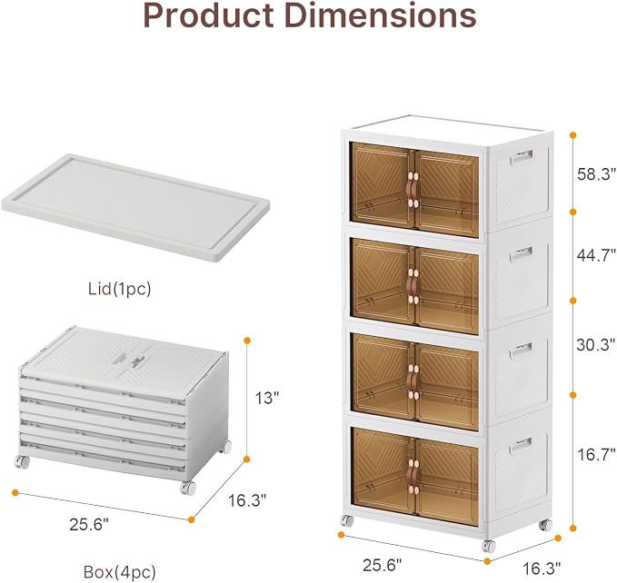 Stackable Storage Bins with Lids, 480QT Lockable Storage Cabinet | Folding Storage Box with Doors and Wheels, Collapsible Plastic Drawers for Home, Garage, Office