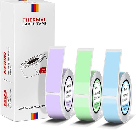 ORGBRO X1 Label Maker Tape, Genuine Thermal Label Print Paper 0.47"×1.57"(12×40mm), Standard Laminated Office Labeling Tape Replacement, 160 Tapes/Roll, 3-Roll, Green/Purple/Blue