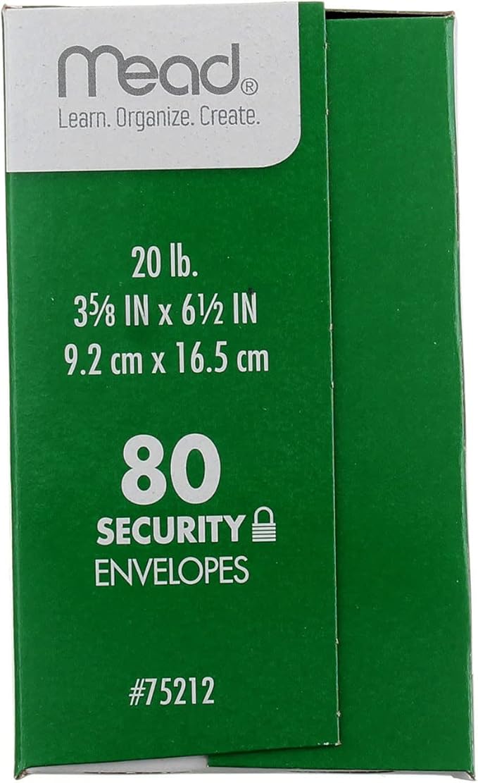 Mead #6-3/4 Envelopes, 3-5/8" x 6-1/2", Security Printed Lining for Privacy, Gummed Closure, White All-Purpose 20-lb Paper Mailing Envelopes, 80 Count (75212)