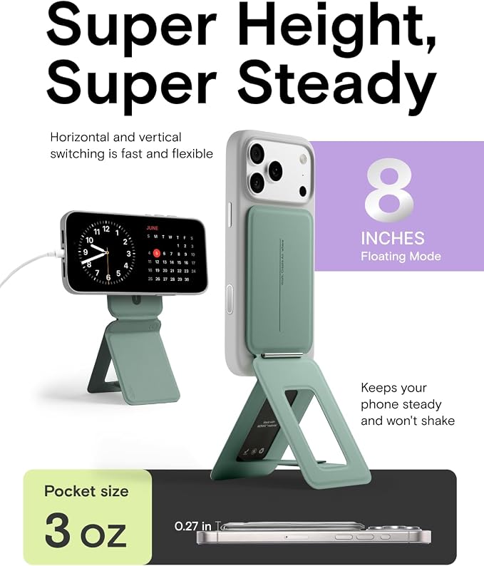 MOFT Phone Stand, Magnetic Phone Tripod Stand Stain-Resistant MOVAS Leather & Angle Adjustment & Strong Magnets Tripod for iPhone 17/16/15/14/13/12 (Included Metal Ring)-Seafoam