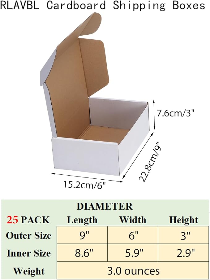 RLAVBL 9x6x3 Shipping Boxes Set of 25, White Corrugated Cardboard Box for Packing, Mailing, Business